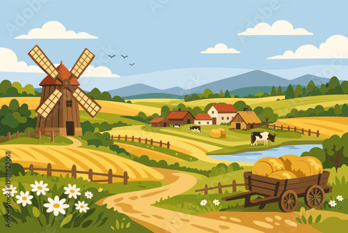 Rustic Meadow with Windmill and Hand Drawn Village Landscape Illustration Featuring Golden Fields, Grazing Cows, Hay Bales on a Cart, Scenic Mountains, and a Peaceful River in the Countryside.