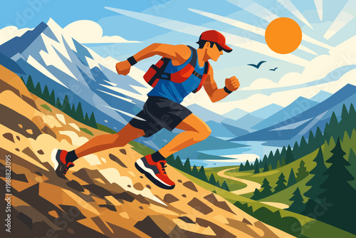 Dynamic vector illustration of a male trail runner sprinting down a steep rocky mountain slope with snow-capped peaks, pine forests, and a bright sun in a vibrant outdoor adventure landscape.