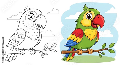 Cartoon parrot outline and colorful version perched on a branch against sky