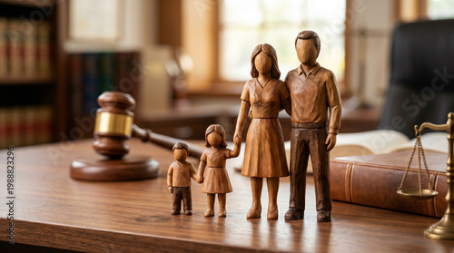 Wooden family figures in lawyer office symbolizing child custody and family law