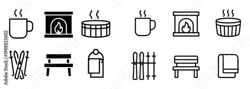 Winter spa icons with mug fireplace tub outline