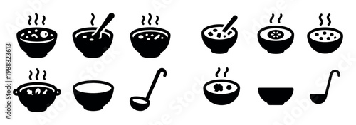 Soup icons with bowl ladle spoon bold silhouette