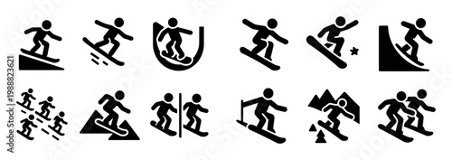 Snowboarding icons with snowboarder slope jump solid