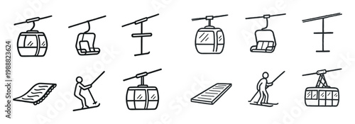 Ski lift icons with gondola chair skier outline