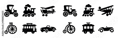 Transport icons with car train plane bicycle solid