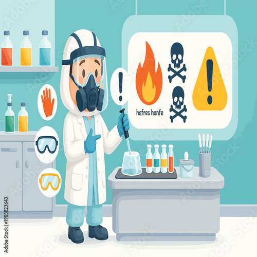 Safety precautions in a laboratory environment with a person dressed in protective gear handling chemicals and warning signs for fire and danger