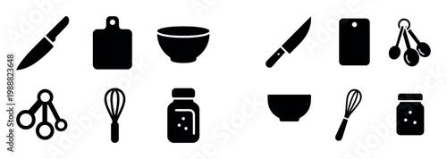 Kitchen icons with knife board bowl minimal