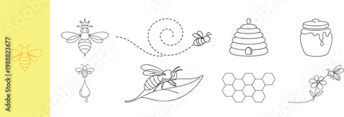 Minimal bee line icons collection with honey elements flowers and nature symbols clean vector set for eco and organic branding