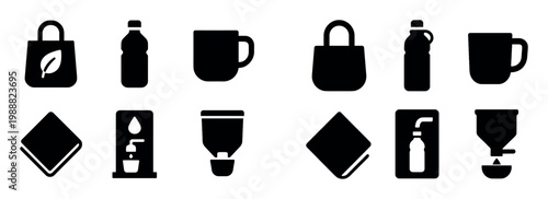 Eco icons with bag bottle cup minimal