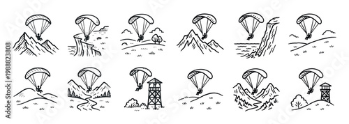 Adventure icons with parachute mountain tower outline