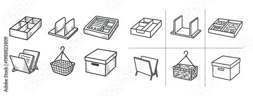 Office icons with tray file box outline sketch