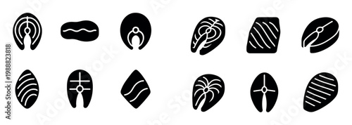 Seafood icons with fish steak fillet solid
