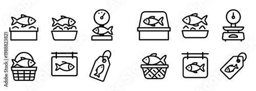Seafood icons with fish basket scale outline