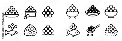 Seafood icons with fish roe bowl outline