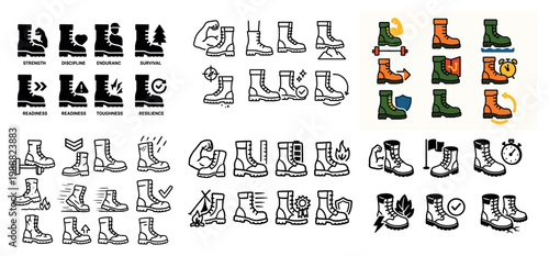 Footwear icons with boot shoe laces outline