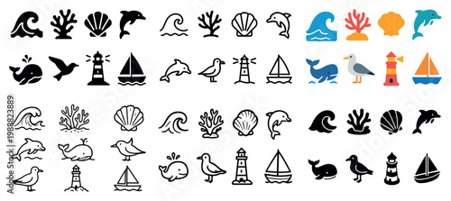 Marine icons with dolphin shell lighthouse outline