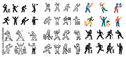 Sports icons with batter bowler fielder minimal