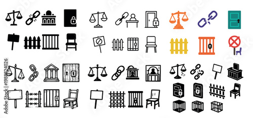 Law icons with scale chain gate outline