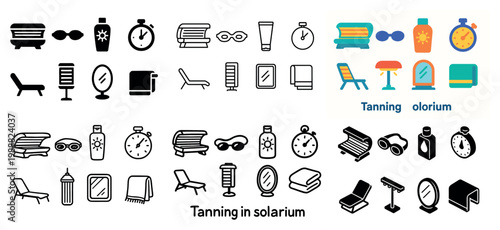 Tanning solarium icons with bed goggles bottle flat