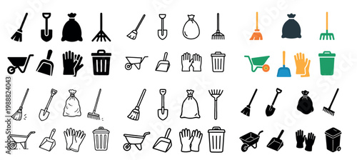 Cleaning icons with broom rake bag minimal