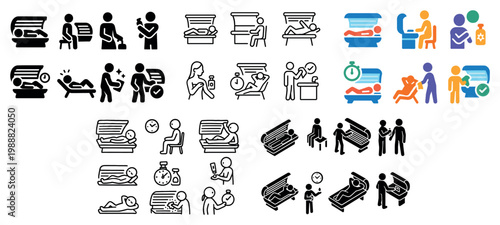 Spa icons with tanning bed person attendant outline