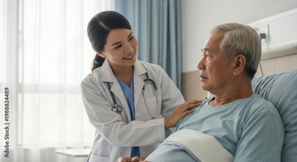 Fototapeta premium Caring Asian Doctor Comforts Elderly Patient with a Gentle, Reassuring Smile