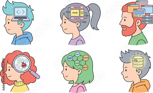 Diverse team of professionals with specialized skills in technology coding and data management conceptual illustration for IT industry