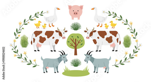 Farm animals, farm icons, vector illustrations, agricultural symbols, colorful graphics