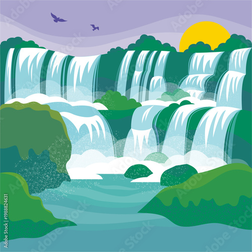 Spectacular cascading waterfall vector illustration with lush green foliage and vibrant sky at sunset, capturing the beauty of a majestic natural landscape design with flying birds.
