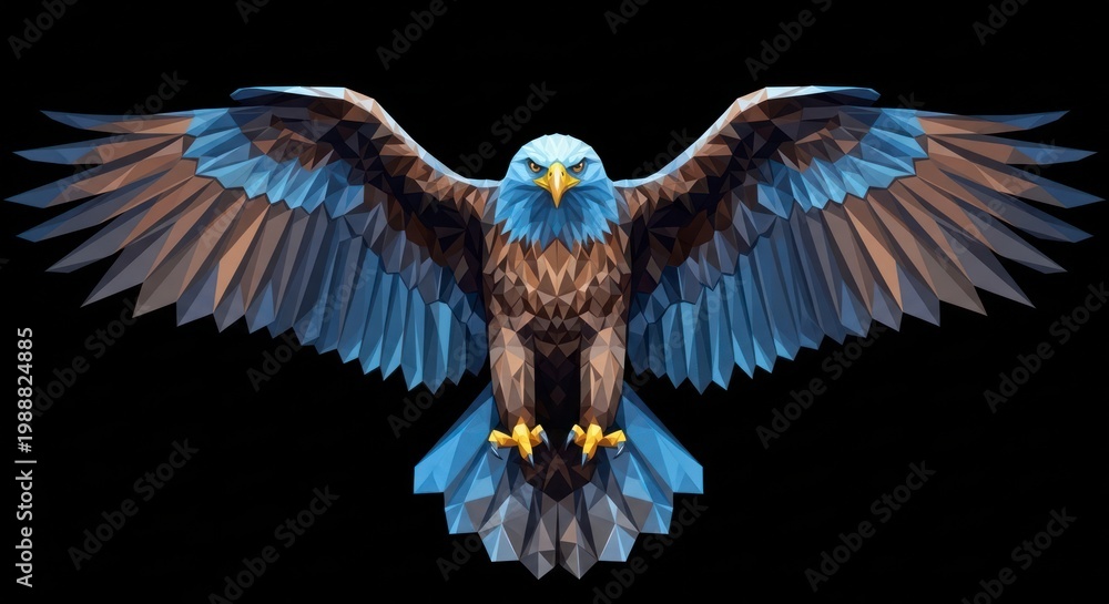 Fototapeta premium Faceted American Bald Eagle with Wings Spread in a Symmetrical Low-Poly Design