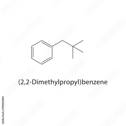 (2,2-Dimethylpropyl)benzene skeletal structure. aromatic compound schematic illustration. Simple diagram, chemical formula.