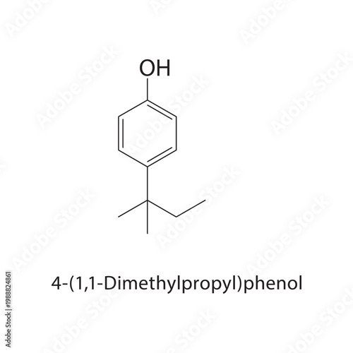4-(1,1-Dimethylpropyl)phenol skeletal structure. phenol compound schematic illustration. Simple diagram, chemical formula.
