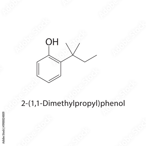 2-(1,1-Dimethylpropyl)phenol skeletal structure. phenol compound schematic illustration. Simple diagram, chemical formula.