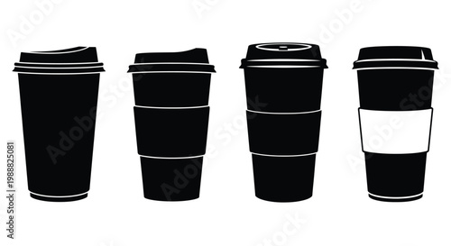 Four disposable coffee cups in a stark graphic silhouette