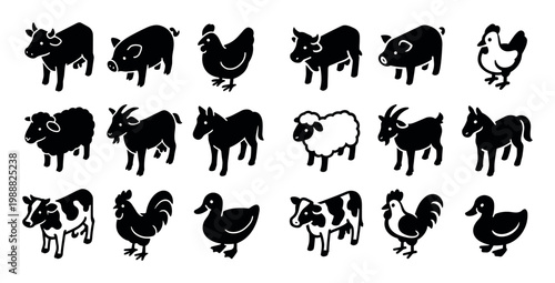 Farm animal icons with cow pig chicken silhouette