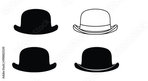 Four bowler hats displayed showcasing contrasting forms a silhouette