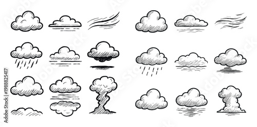 Weather icons with cloud wind handdrawn sketch