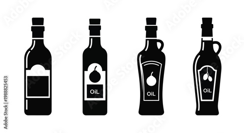 Four oil bottles in a stark black style silhouette