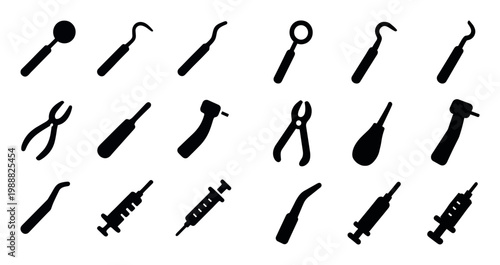 Dental icons with mirror probe syringe silhouette black