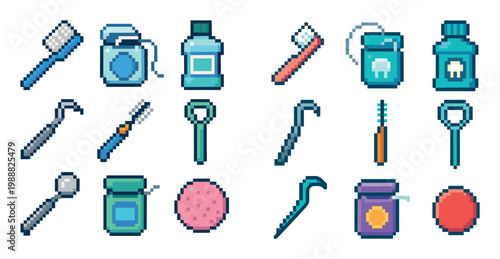 Dental icons with toothbrush floss mirror pixel