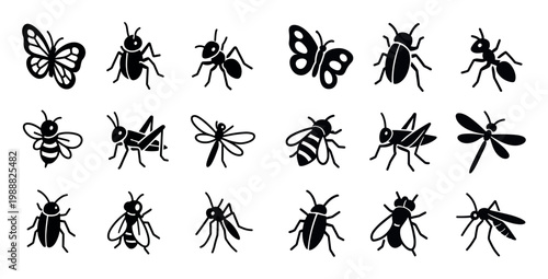 Nature icons with butterfly beetle ant silhouette