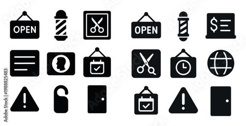 Barber shop icons with scissors open sign minimal