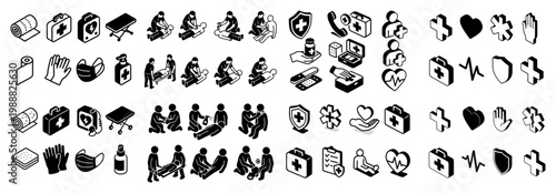 Healthcare icons with mask bandage kit outline