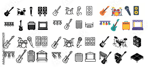 Music icons with guitar drum microphone flat colorful