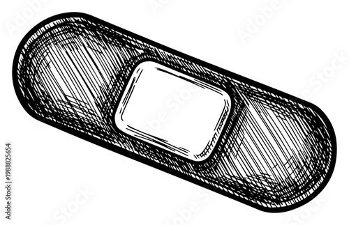 Adhesive bandage plaster hand drawn sketch, medical first aid equipment, engraved style health care vector illustration