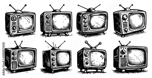 Retro TV sets collection hand drawn sketch, vintage television with antenna icons, nostalgic media technology vector illustration