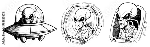 Alien extraterrestrial set with UFO spaceships hand drawn sketch, sci-fi characters and flying saucer icons vector illustration