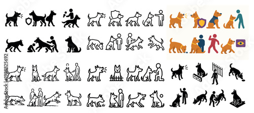 Dog icons with dog person leash outline