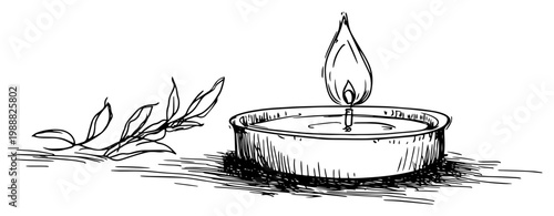 Burning candle with branch hand drawn sketch, memorial or spa relaxation element, engraved style meditation candle vector illustration