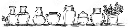 Pottery collection hand drawn sketch, various ceramic vases and clay pots set, rustic home decor engraved style vector illustration